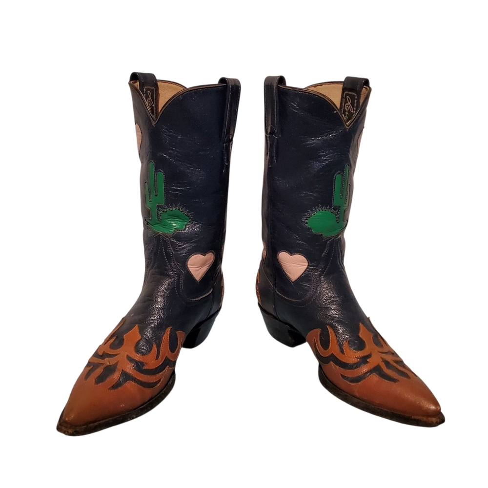 Vintage Larry Mahan Cactus/Heart Inlays Cowboy Western Boots Women's Size 7.5B - Picture 3 of 12